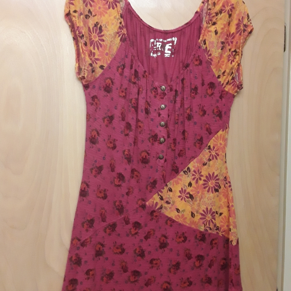 Pink Orange Floral Button Boho Top L